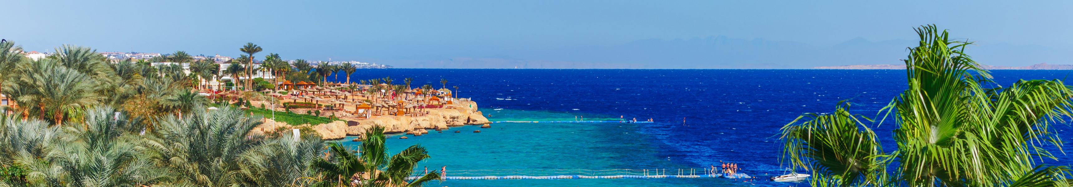 Tropische Strandlandschaft mit t&uuml;rkisfarbenem Wasser, vielen Palmen im Vordergrund und Badeg&auml;sten im Meer, im Hintergrund felsige K&uuml;ste und blaues Meer bis zum Horizont.