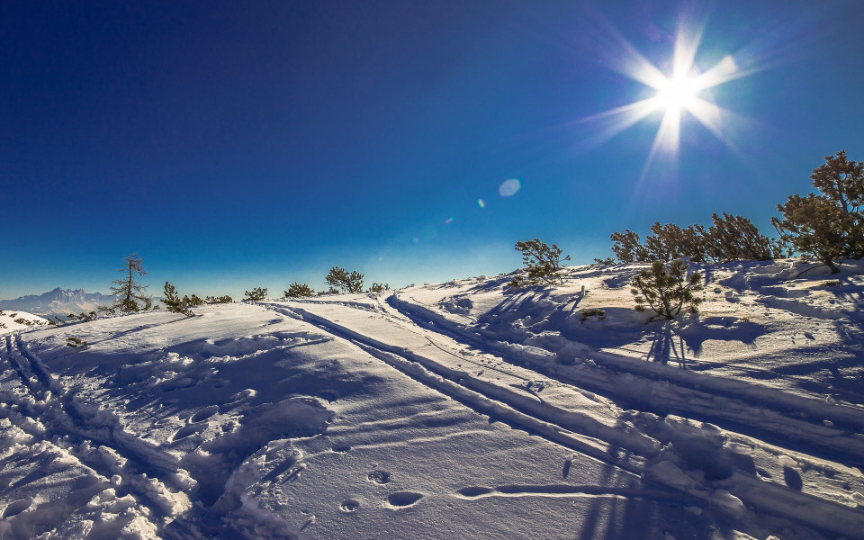 Verschneite Winterlandschaft mit Skispuren und Sonnenschein bei Wagrain im Salzburger Land.